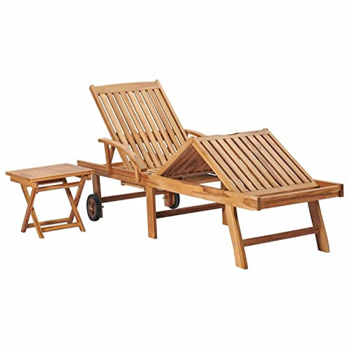 Festnight Sonnenliege Holz mit Rollen Sonnenliege 1 Personen Gartenliege 1 Personen Gartenliege Holz Liegestuhl verstellbaren Massivholz Teak-Anthrazit-Mit Tisch