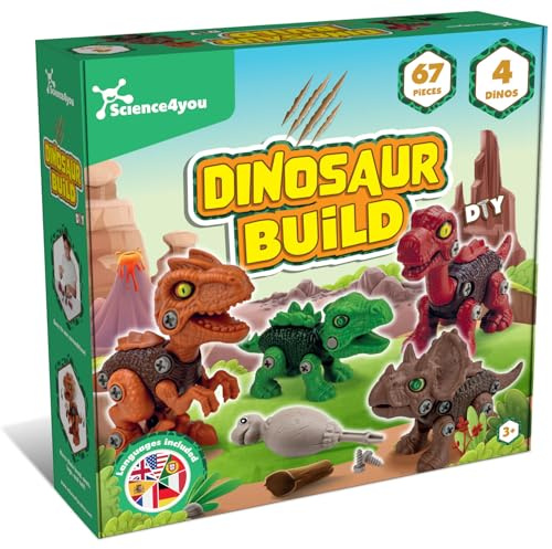 Science4you Dinosaurier Spielzeug 4 in 1 - Dinosaur Build, Dino Bausatz zum Schrauben, 4 Dinosaurier, 67 Teile, Konstruktionsspielzeug für Kinder, Jungen 3 4 5+ Jahre