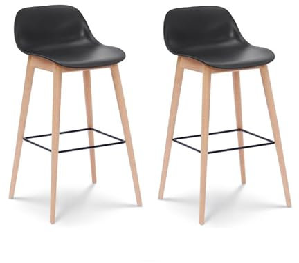 Kosmi Lot de 2 tabourets de Bar Noirs Style scandinave avec Pieds en Bois Naturel - Hauteur 66 cm