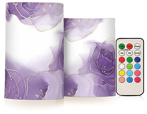 Kcldeci LED Flameless Candles Battery Operated with Remote and Timer, Golden Glitter Purple Marble Realistic Flickering Flameless Candles Led Pillar Candles, Set of 2