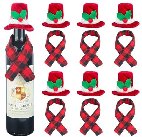 Skystuff Christmas Wine Bottle Cover Set, Mini Christmas Santa Hat Christmas Santa Scarf for Wine Bottle Decoration Xmas Party Decorations Xmas Ornaments Party(12Pcs