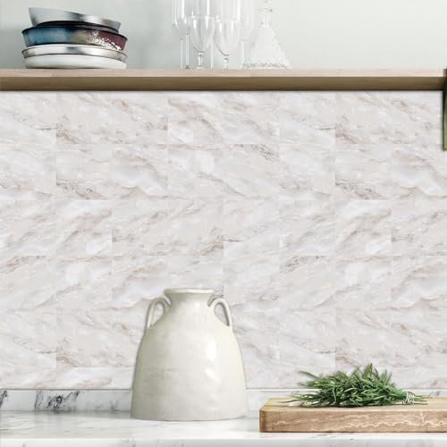 Piastrelle Cucina Ceramica 20X20Cm Marmo Bianco Sticktiles Piastrelle Da Parete In Buccia E Bastone,Adesivi Piastrelle Bagno,Pvc Resistente Al Calore Impermeabile Piastrelle(10Pcs)