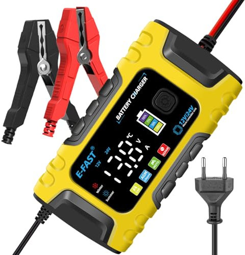 Chargeur de Batterie Intelligent Portable 10A 12V/5A 24V avec LCD Tactile Écran Protections Multiples Type de réparation pour pour Voiture Moto Camion, AGM, Gel, Wet, SLA