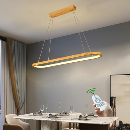 Esszimmerlampe Holz LED Pendelleuchte Esszimmer Esstischlampe Hängend Lampe Dimmbar Hängeleuchte Moderne Oval Hängelampe Höhenverstellbar mit Fernbedienung für Wohnzimmer Küche Schlafzimmer (L120)