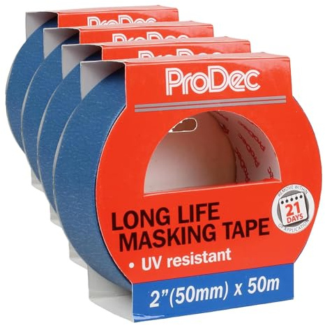 ProDec 2 inch x 50m Long Life Heat and UV Resistant Multi Surface Painters Masking Tape for Sharp Paint Lines for Indoor Painting and Decorating, Compatible with All Paints, 2 50mm wide (Pack of 4)