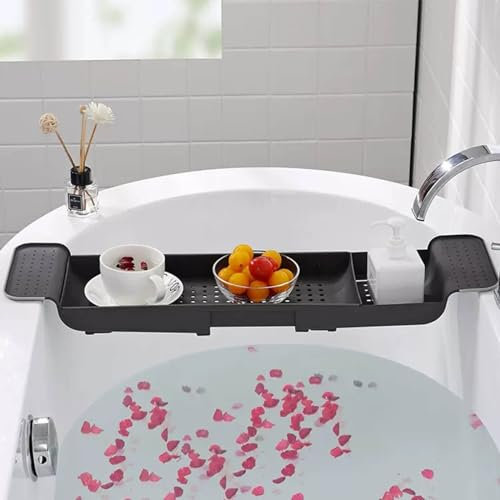 Étagère en Plastique Extensible Et Vidable for Baignoire, Plateau De Baignoire Multifonctionnel, Noir