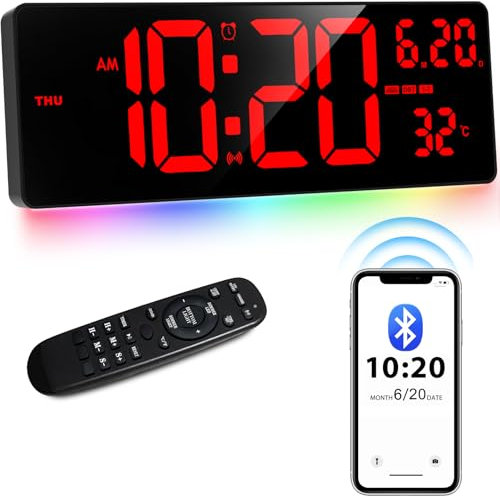 XREXS 16 Inch Digital Wall Clock, Bluetooth Auto Sync Time, 6 Colors Night Lights, Auto-Dimming, Large Digital Clock with Calendar/Timer/Alarm for Home, Gym, Office and Classroom