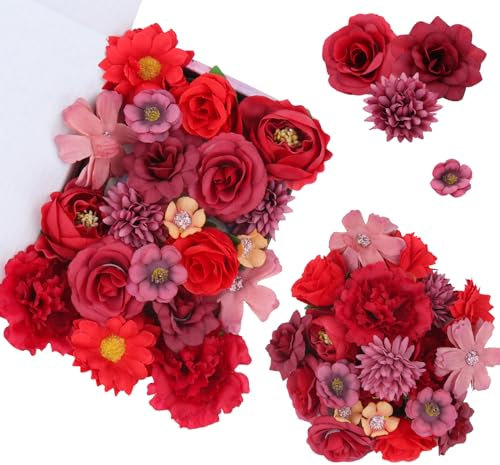 BELLALICHT 20 Stück Kunstblumen Strauß, Bunte Gefälschte Blumen, Gemischte Rosen Set, Geeignet für Corsage, Kopfschmuck Zubehör, Hochzeit, Party, Langlebige Dekoration für Ihr Zuhause (Rot)