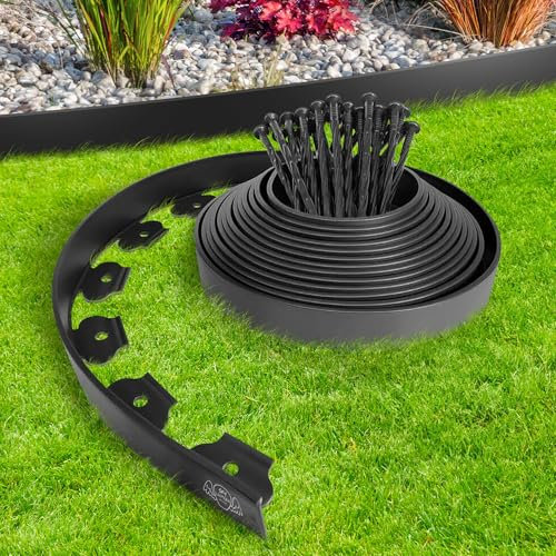 Rouleau Bordure Jardin Exterieur 10M en Plastique Noir avec 30 Piquets - Bordure de Jardin Flexible,Résistante aux Intempéries, Idéale pour Allées et Parterres - Parfait pour Salon de Jardin Exterieur