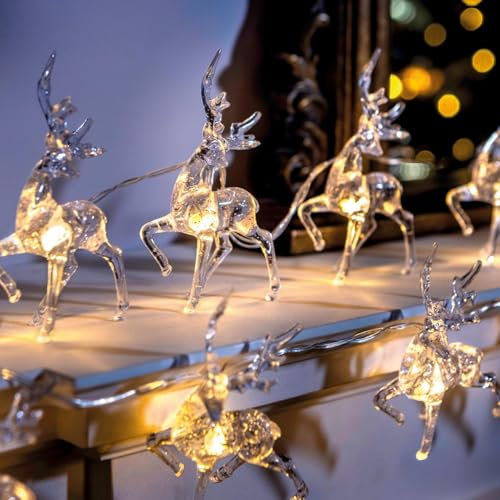 Set of 10 Acrylic Reindeer String Lights – Battery Powered Stag Design Festive Christmas Xmas Home Fairy Lighting Decoration for Table Centrepiece, Windowsill, Mantelpiece – Total Length 1.5m