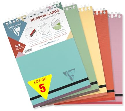 Clairefontaine 327016C - Packung 5x Spiralblock Linicolor Essence, DIN A5, 50 Karteikarten Lernkarten liniert, 5 Farbstreifen, Einband aus PP, 1 Pack