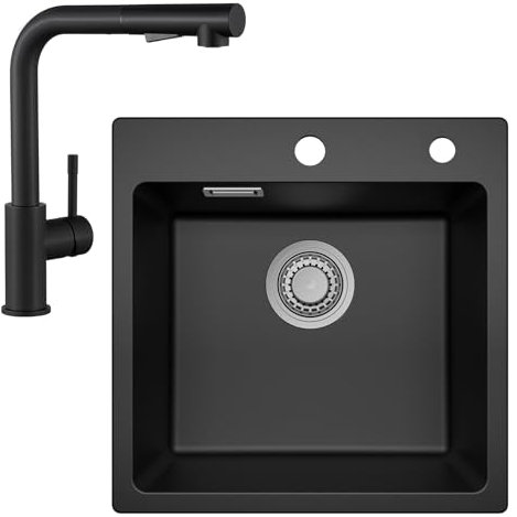 Sofetiy Fregadero de granito negro de 45 x 45 cm y grifo de cocina extensible negro, fregadero de cocina con sifón, fregadero de granito rectangular con 2 agujeros para grifo, 1 lavabo