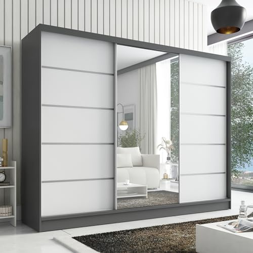 A&J MöbelLand Kleiderschrank Aurelia 1 – Schwebetürenschrank 200 cm breit mit Spiegel, 3-türig, Kleiderschrank mit Schubladen, Schiebetürenschrank für Schlafzimmer oder Garderobe
