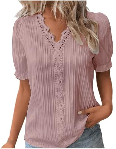 Blusenshirt Damen 3/4 Arm Tshirt V Ausschnitt Elegante Oberteile Spitzen Sommer Bluse Tops Für Frauen Kurzarm T-Shirts Lässige Basic Tops Tunika Oberteil Bestellungen Anzeigen