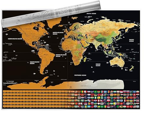 Scratch off World Map with Flags,Travel Map Poster 40x30cm, World Map Pin Board for Tracking Adventures and Learning Geography for Students, Travel Enthusiasts and Geography Enthusiasts to Record