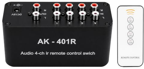 ViaGasaFamido Audio Switch für Heimkino mit Speicherfunktion | Audio Switch mit Fernbedienung, 1 Eingang, 4 Ausgänge Stereo, DC 12 V, lineare Stromversorgung, brummfrei, passiver Switch