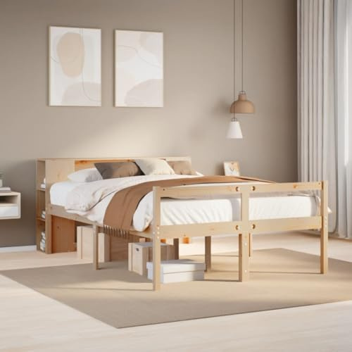 vidaXL solid pine wood bookcase bed with headboard storage - modern brown storage bed frame/slatted base for bedroom - 140x190 cm (mattress not included)
