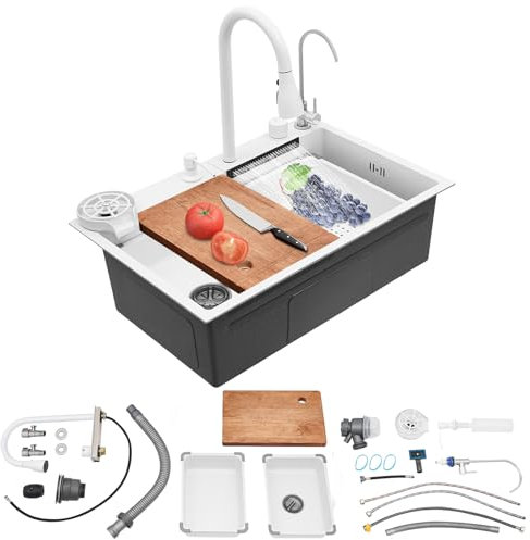 Fregadero de cocina de acero inoxidable, 68 x 46 cm, 1 lavabo, fregadero de bar multifuncional con grifo extensible, lavadora de tazas y juego completo de accesorios (blanco, 68 x 46 x 22 cm)
