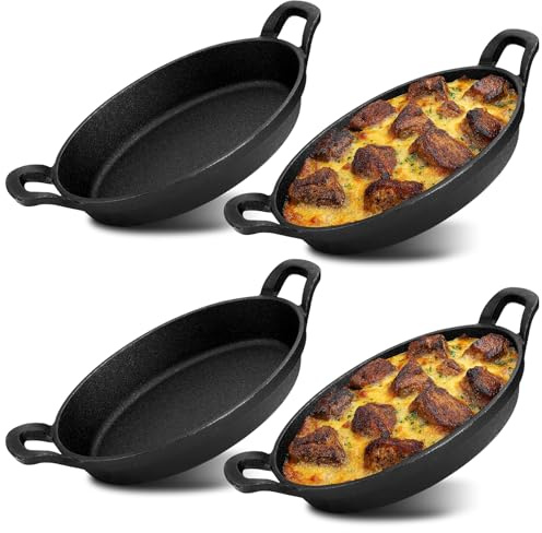 KDXBQ 4 Pcs Oval Serving Dish Mini Cast Iron Skillet Cast Iron Pan Sizzling Matte Black Gratin Cookware for Home Restaurant Kitchen Service Barbecue (27.5 x 15.5 cm)