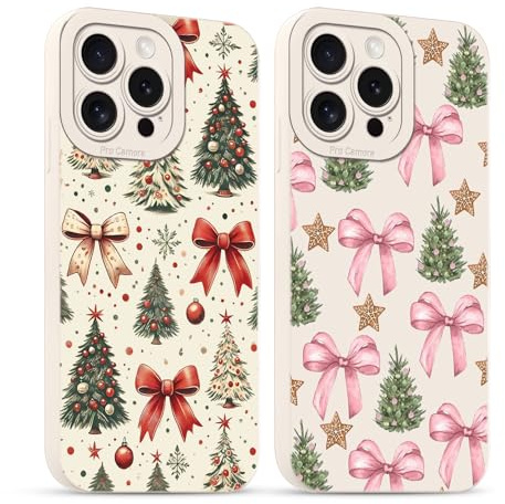 Coalbooliy 2 x Weihnachten Hülle für iPhone 15 Pro 6,1, Handyhülle Aesthetic Schleife Winter Muster Christmas Design Schutzhülle Weiß Silikon Frauen Mädchen Cute Case Stoßfest Kameraschutz Cover, 6