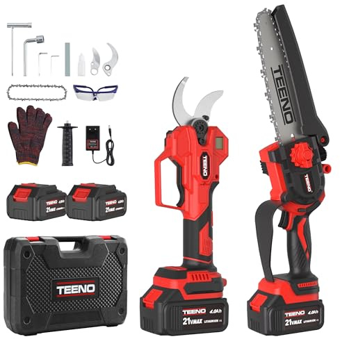 TEENO Set Herramientas Jardinería 2 en 1: 6 Pulgadas Mini Motosierra a Batería + Tijeras Podar Eléctrica Inalámbrica 0-40mm, 2 Baterías 4.0 Ah, Cuchillas Acero SK5