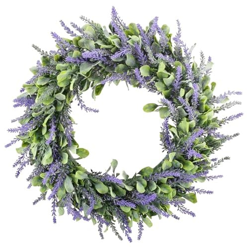 Minnhua Künstliche Türkranz Ganzjährig mit Kunstblumen Lavendel Kranz Deko Lavendelkranz Dekokranz Lila Wandkranz Blumenkranz Deko Lavendelkranz Sommerkranz für Tür Fenster Wand Outdoor Hochzeit 45cm