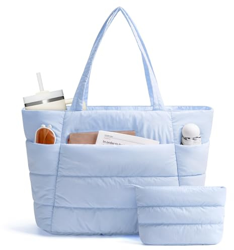 Narwey Tote Bags for Women, Work Laptop Bags with Zip for Women, Ladies Handbags & Shoulder Bags with Makeup Pouch, Puffer Teacher School Hand Bag for College Shopping Travel Gym Beach (Blue)