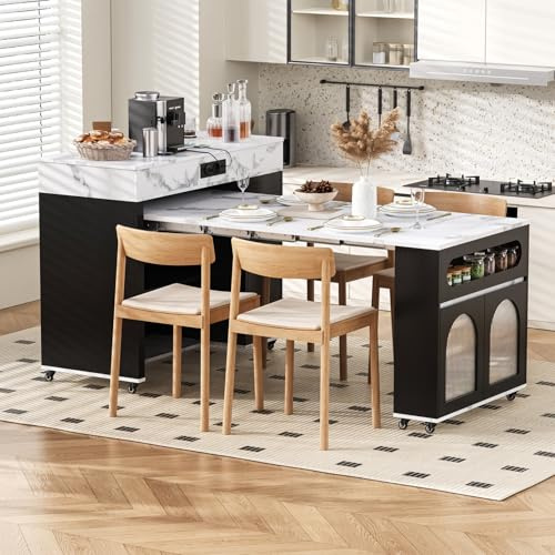 YEHTOKHOME Îlot Central Cuisine avec Plan de Travail Extensible 50.5-187.5 cm, Meuble de Cuisine Prises Électriques, roulettes, Tiroir, Îlot de Cuisine sur roulettes (B-Noir)