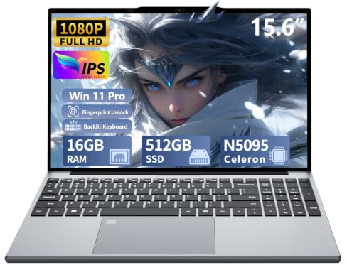 PC Portatile 15,6 pollici Celeron N5095 processore grafica UHD, Notebook Win 11 16GB RAM 512GB SSD, Computer portatile FHD 1920 * 1080 con WiFi 5 USB 3.0 Tastiera Retroilluminata/Touch ID Laptop
