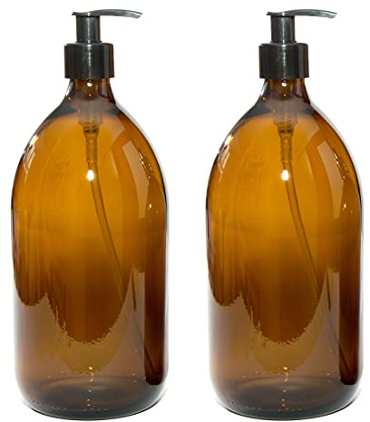 Aura 1000ml Amber Glass Bottles with Black Pumps - Pack of 2