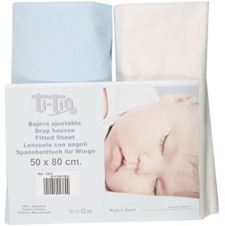 Pack de 2 sábanas bajeras 100% algodón Ajustables – 70x140 cm – para capazo, colchón, moisés o minicuna – Color Blanco y Celeste – Transpirables y fáciles de Lavar