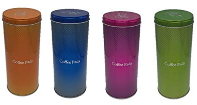 James Premium Paddose für 18 Kaffeepads, neues Design, Dose, Pad, 4er Pack 2 Motive AKTION PLUS PADHEBER neu aus edelstahl