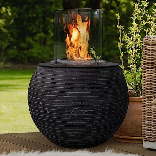 muenkel design MEDA – Streifen schwarz-grau – Bio-Ethanol Feuerstelle Gartenfackel Terrassenfeuer mit Round Burner 350 Brennkammer
