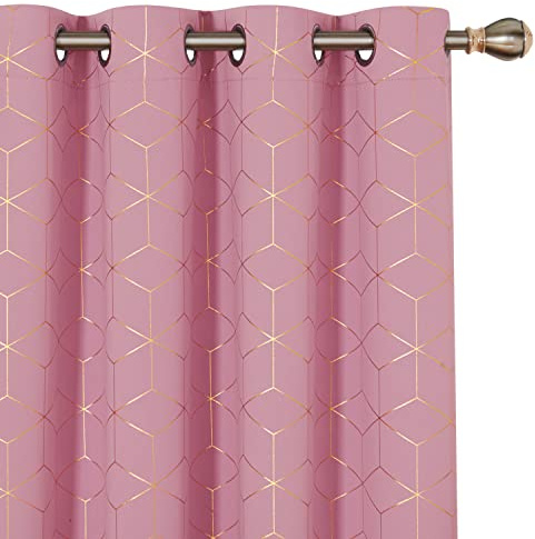 Deconovo Blackout Thermal Insulated Curtains, Eyelet Curtains with Gold Diamond Print for Girls' Kitchen, 52 x 45 Inch, Pink, One Pair