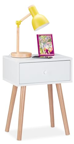 Relaxdays Nachttisch skandinavisch, Retro, Nachtschrank mit Schublade, HBT: 55x42x30cm, Beistelltisch Schlafzimmer, weiß