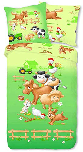 ESPiCO Bettwäsche Sleep and Dream Farm Tiere Pferd Kuh Traktor Huhn Hahn Schaf Katze Bunt Renforcé, Größe:135 cm x 200 cm