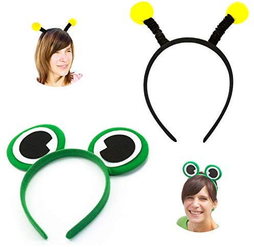 Oblique Unique® Haarreif Set - 1x Haarreifen Biene mit Wackel Bommeln + 1x Haarreifen mit Froschaugen Kostüm Fasching Karneval Motto Party