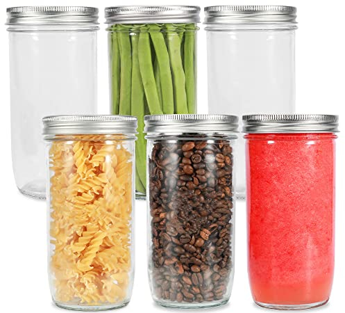 Mason Jars Wide Mouth 24oz, 6 pack Glass Pickle Canning Jars Food Storage With Airtight Mason Jar lids and Bands for Canning, Preserving, Fermenting, Pickling, DIY Projects