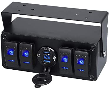 Riloer 4 Gang Rocker Toggle Switch Panel avec 4.8A Dual USB Quick Charge/Quick Charge 3.0 Chargeur USB Voltmètre pour Marine Boat Truck Car 12V-24V, Panneau de commande à 4 groupes