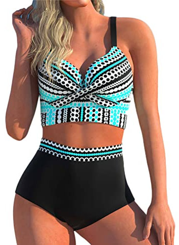Minetom Femme Boho Vintage Deux Pièces Push Up Bikini Set Ensemble Imprimé Floral Maillots de Bain Taille Haute Triangle Swimwear I Bleu XL