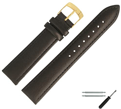MARBURGER Uhrenarmband 20mm Leder Schwarz Gold Mit Naht - Montage Set 7712010000220