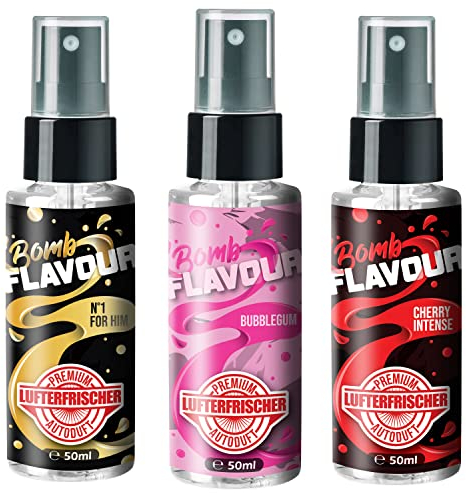 ShinyChiefs FLAVOUR BOMB Set - Autoduft-Set mit Bubblegum, No1 & Kirsch-Geruch - Lufterfrischer und Auto Parfüm für den Innenraum, neutralisiert Gerüche im Auto, Pumpsprühflasche, 3x 50ml