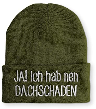 tshirtladen JA! Ich hab nen Dachschaden Mütze Statement Beanie Mütze mit lustigem Spruch, Farbe: Olive