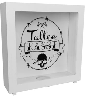 Rahmen Spardose aus Holz aus Keramik mit coolen Tattoo-Motiven in weiß - Tattookasse als Geschenk für Punks und Verrückte Freunde die Sich gerne tätowieren Lassen Aber Nicht Immer
