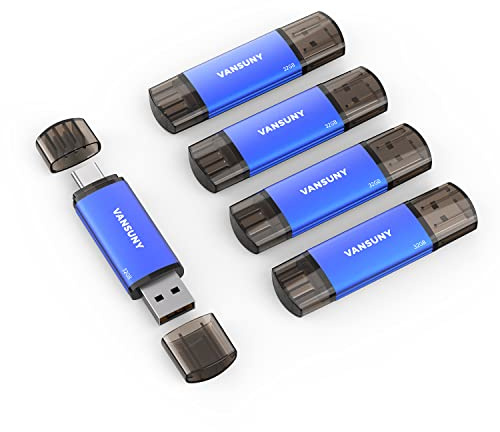 Vansuny Confezione da 5 unità flash USB di tipo C 2 in 1 da 32 GB, Dual USB A + Type C, OTG Flash Drive per smartphone Android, tablet, computer portatile (blu)