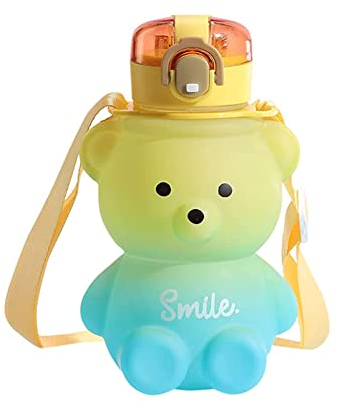 Labstandard Bouteille d'eau en forme d'ours kawaii avec paille, 800 ml - Bouteille d'eau anti-fuite en forme d'ours Kawaii avec ceinture - Jolie bouteille Kawaii colorée pour filles, école, bureau,