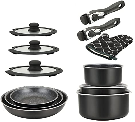 Batterie De Cuisine Revêtement Pierre Avec Manche Amovible 12 Pièces Herzberg HG8154-BLK