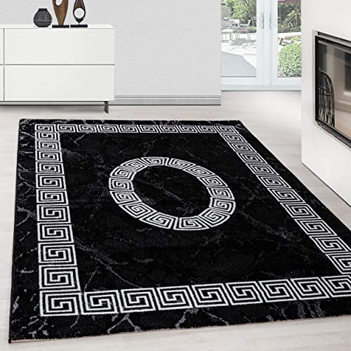 Teppium Moderner Kurzflor Teppich Wohnzimmer 300x400 (280 x 370 cm) Schwarz - Flauschiger Teppich Waschbar, Mäander-Design, Pflegeleicht, Weich - Ideal für Schlafzimmer, Esszimer und als Küchenteppich