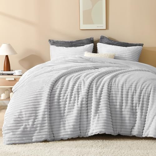 Andency Fleece Queen Tröster-Set, 3-teilig, hellgrau, für Queen-Size-Bett, weich, warm, flauschig, flauschig, für den Winter (1 Bettdecke und 2 Kissenbezüge)