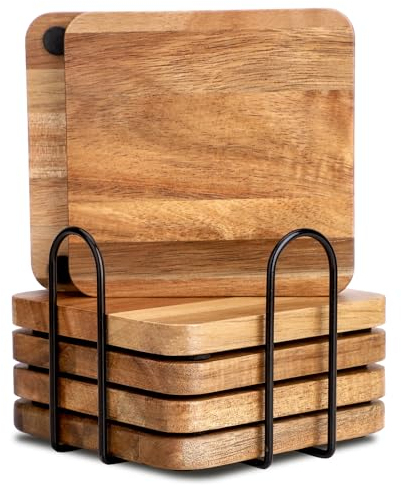 WLWNWFT Acacia Wood Coasters Square for Drinks Tabletop Protection with Holder Set of 6, Wooden Coasters for Coffee Table Dining Table Desk Rustic Coasters for Home Office Christmas Decor 4 Inch
